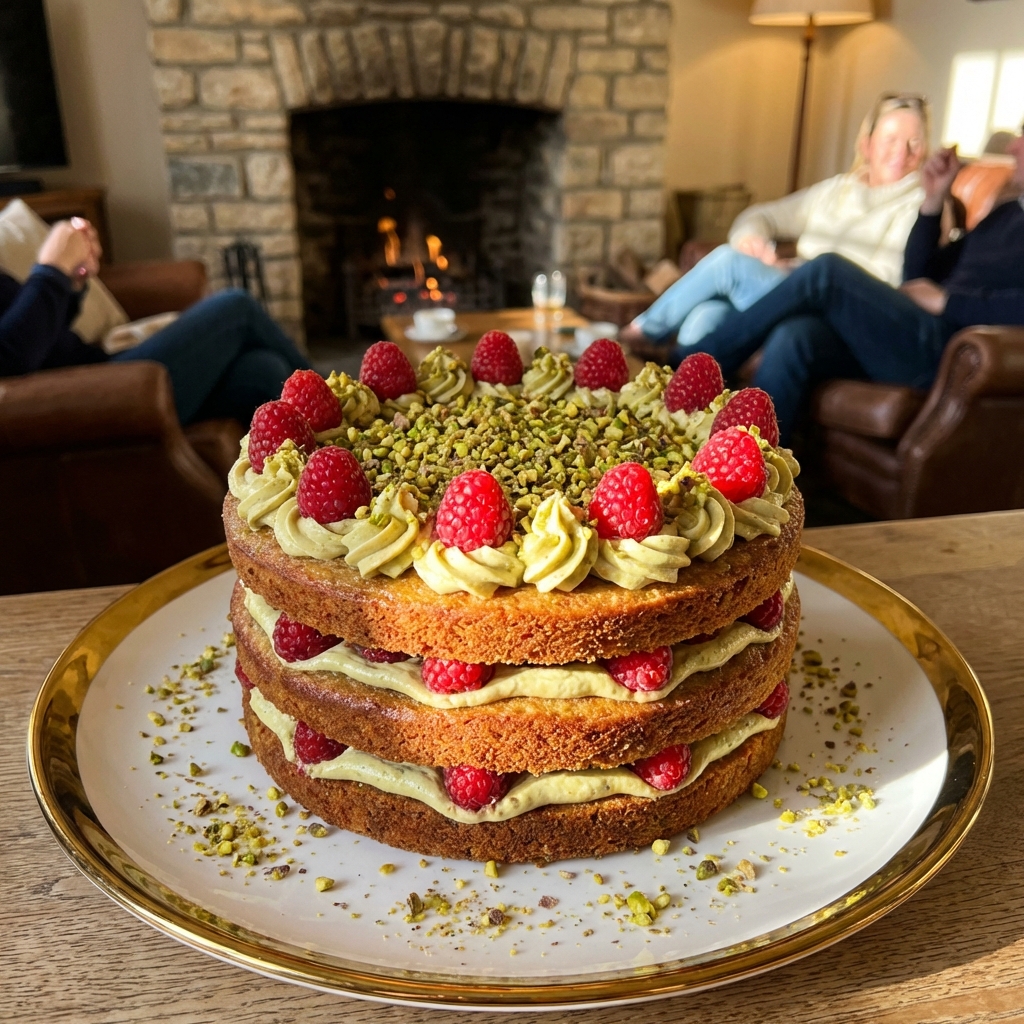 Raspberry Pistachio Cake Recipe with Fresh Butterc