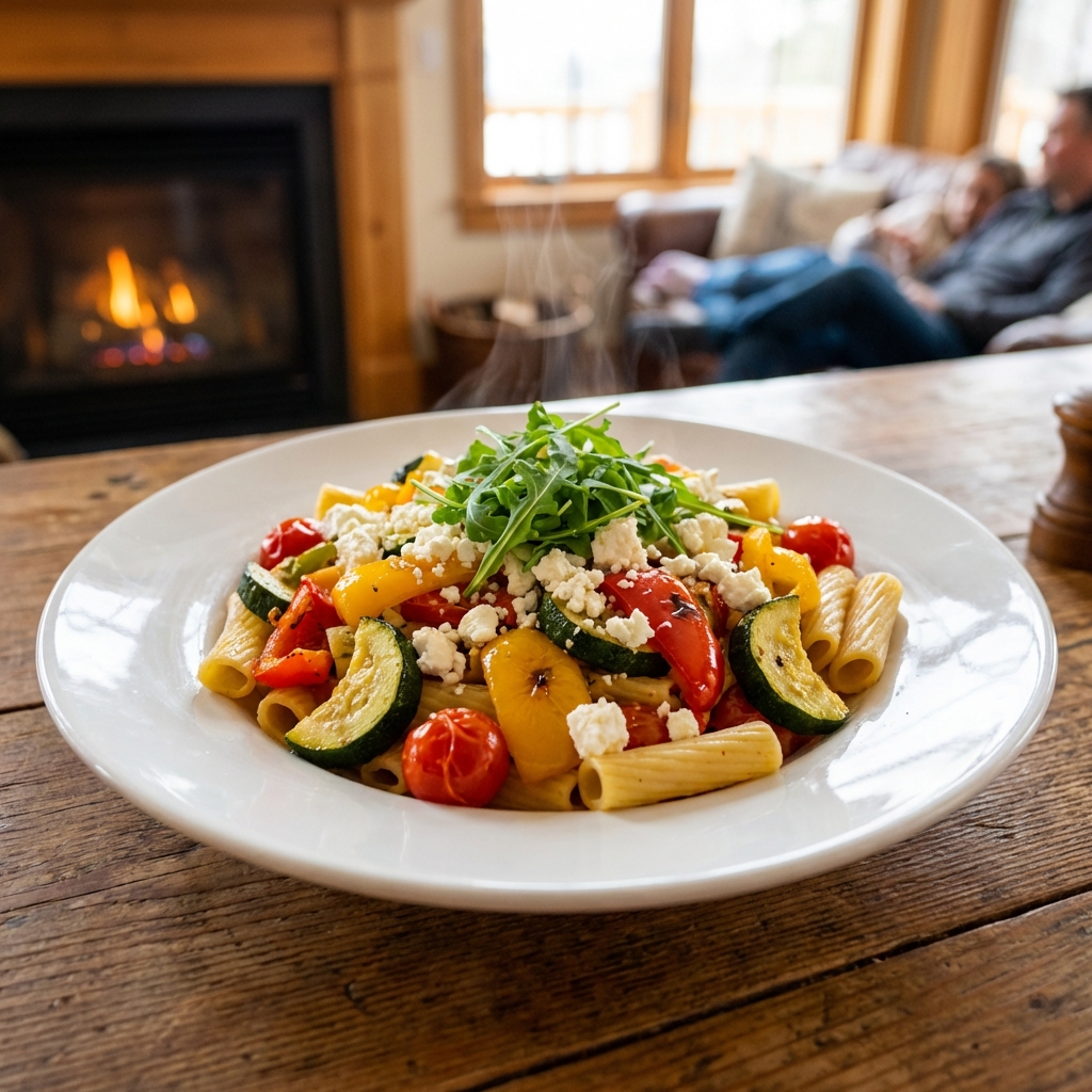 Tasty Roasted Veggie Pasta with Feta and Fresh Arugula