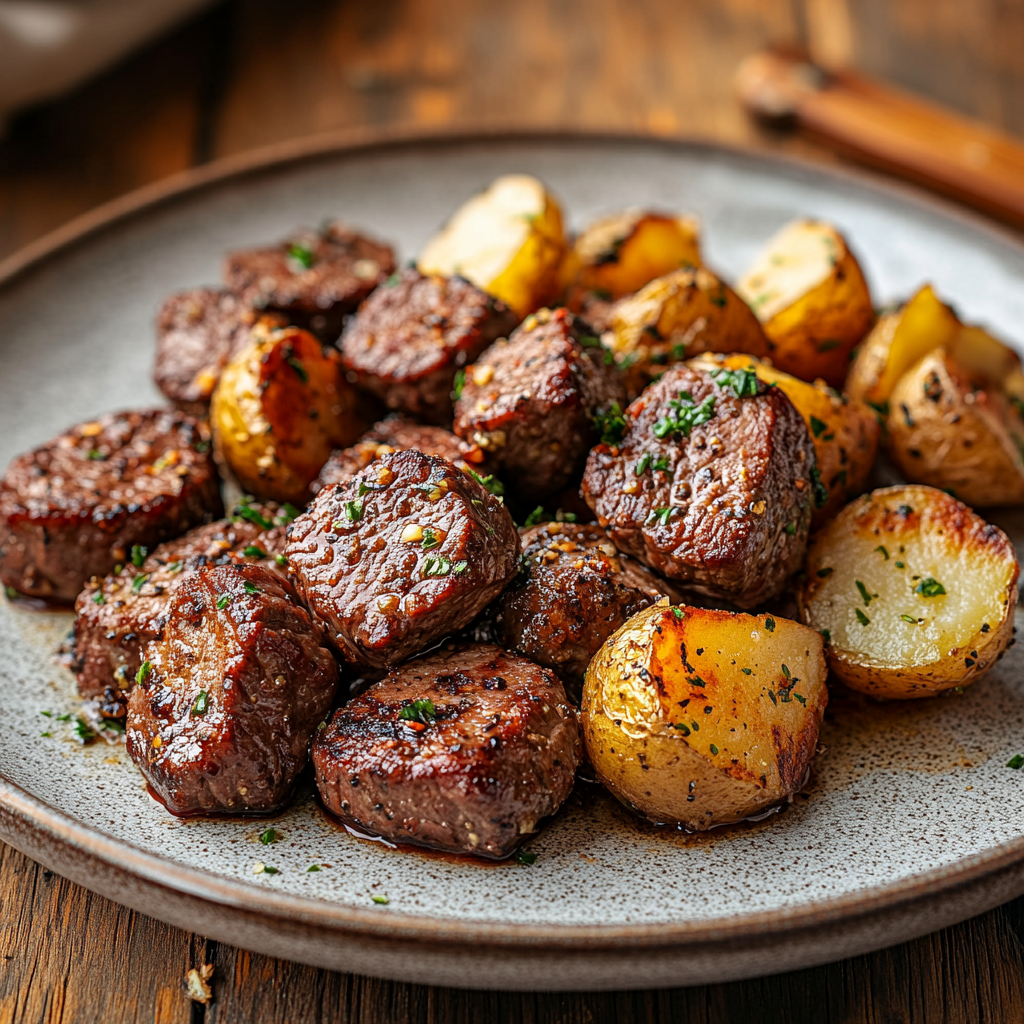 Delicious Garlic Steak Bites and Potatoes Recipe